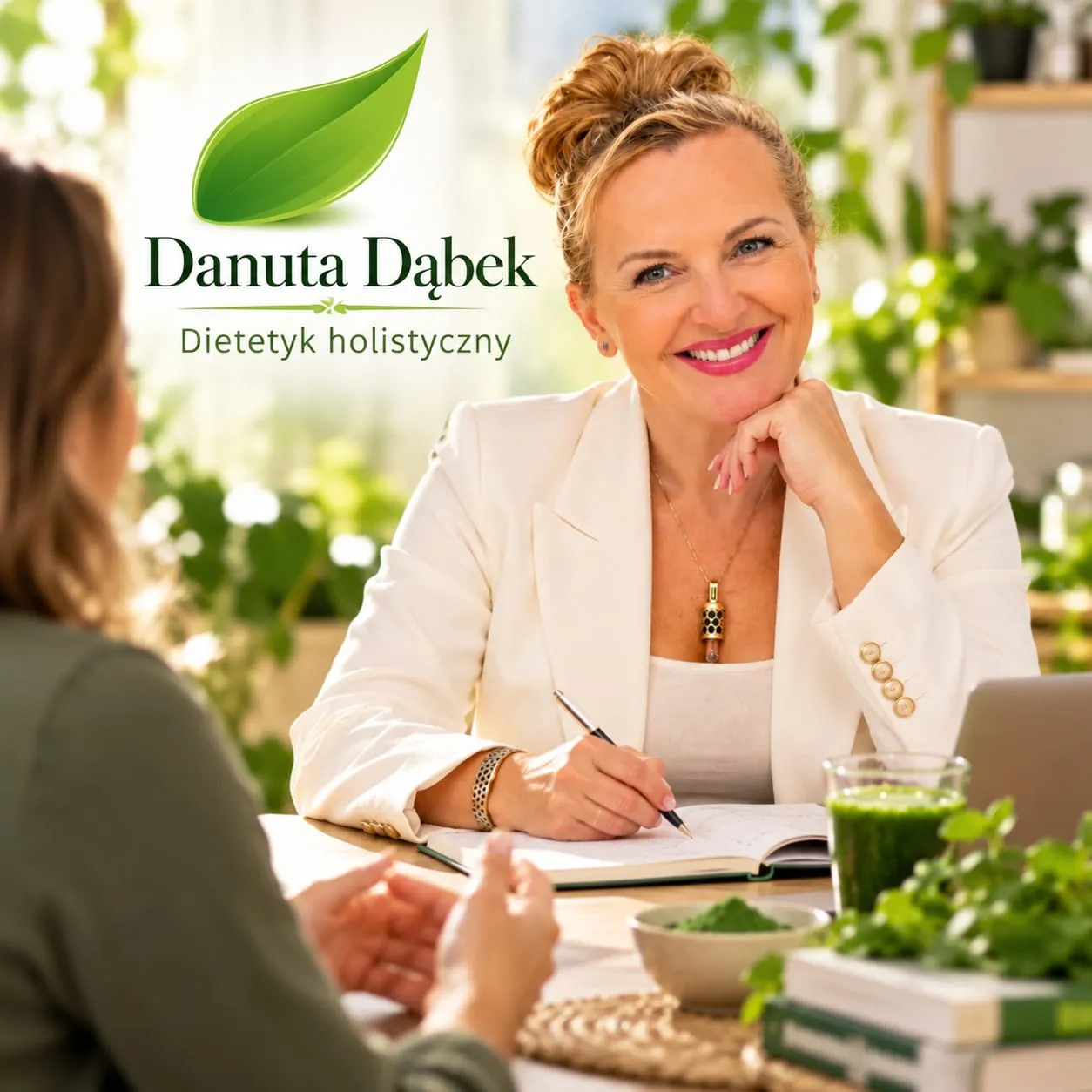 Danuta Dąbek przy biurku podczas konsultacji